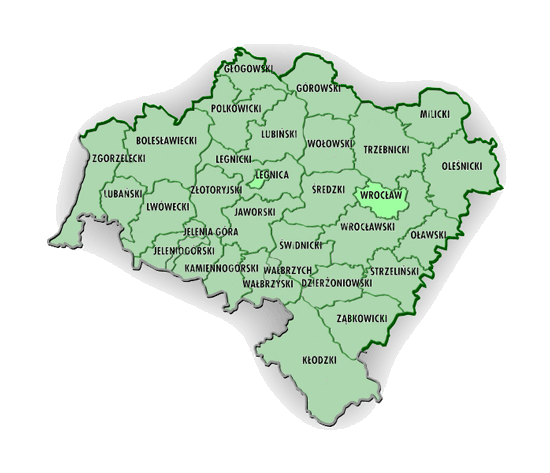 Mapa województwa dolnośląskiego z podziałem na powiaty